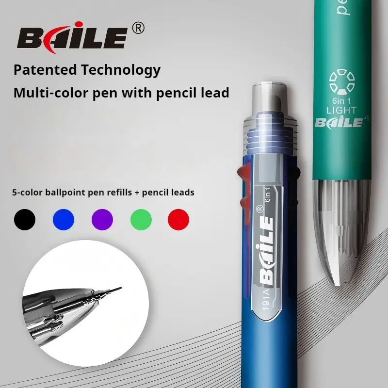 6-in-1 Multifunctional Pen: 5-Color 0.7mm Ballpoint Pen & 0.5mm Automatic Pencil, Creative Writing Tool for Office/School