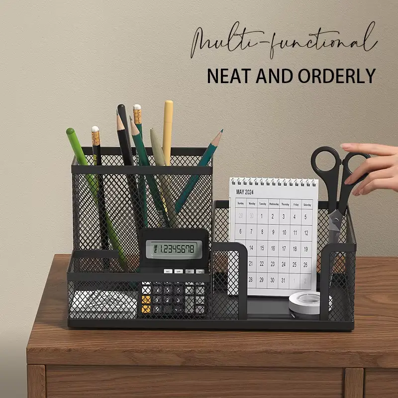 Deli Metal Mesh Square Pen Holder Multi-functional Three Grid Desktop Storage Box Simple Office Supplies for Business