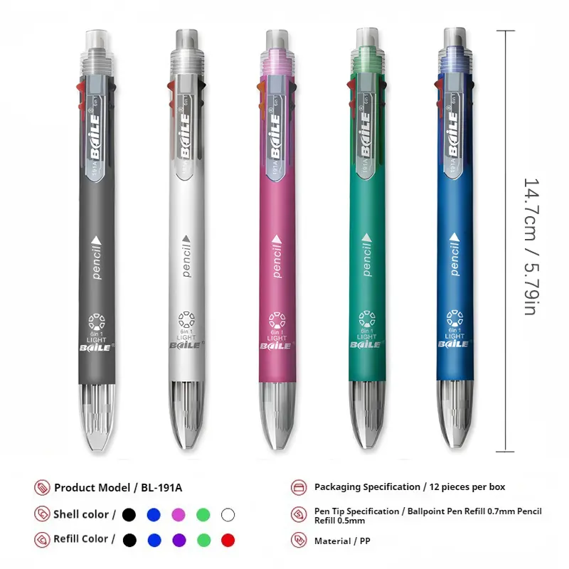 6-in-1 Multifunctional Pen: 5-Color 0.7mm Ballpoint Pen & 0.5mm Automatic Pencil, Creative Writing Tool for Office/School