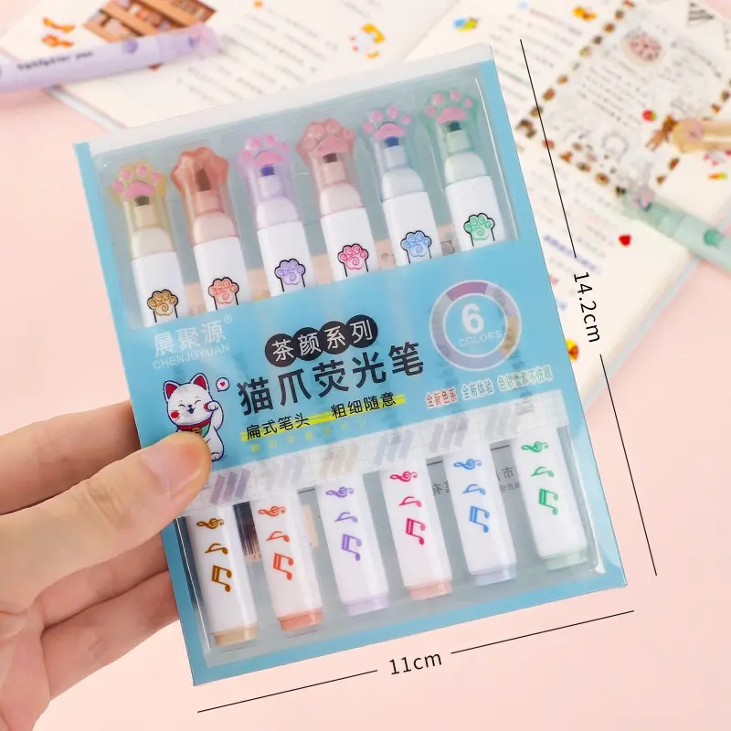6 Pieces Set Kawaii Cat Paw Highlighter 6 Colors Slanted Tip Markers Liquid Ink for Student School Stationery Office Supplies