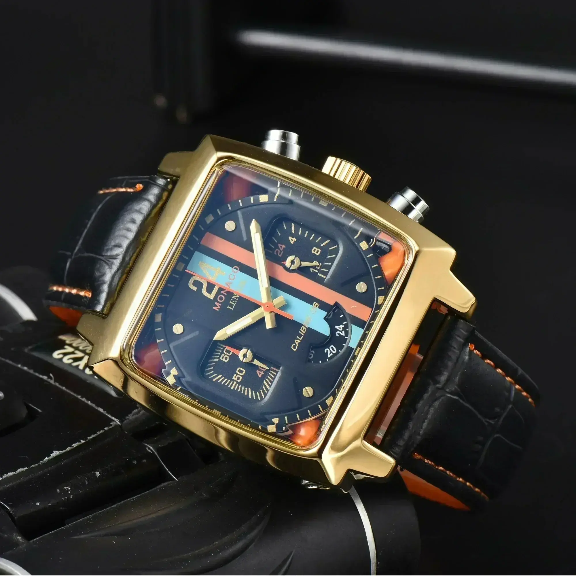 Luxury Monaco Design Square Case Leather Strap Hollow Back AAA Male Clocks Free Shipping Original Brand Fashion Watches For Men