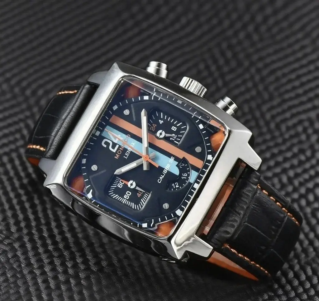 Luxury Monaco Design Square Case Leather Strap Hollow Back AAA Male Clocks Free Shipping Original Brand Fashion Watches For Men