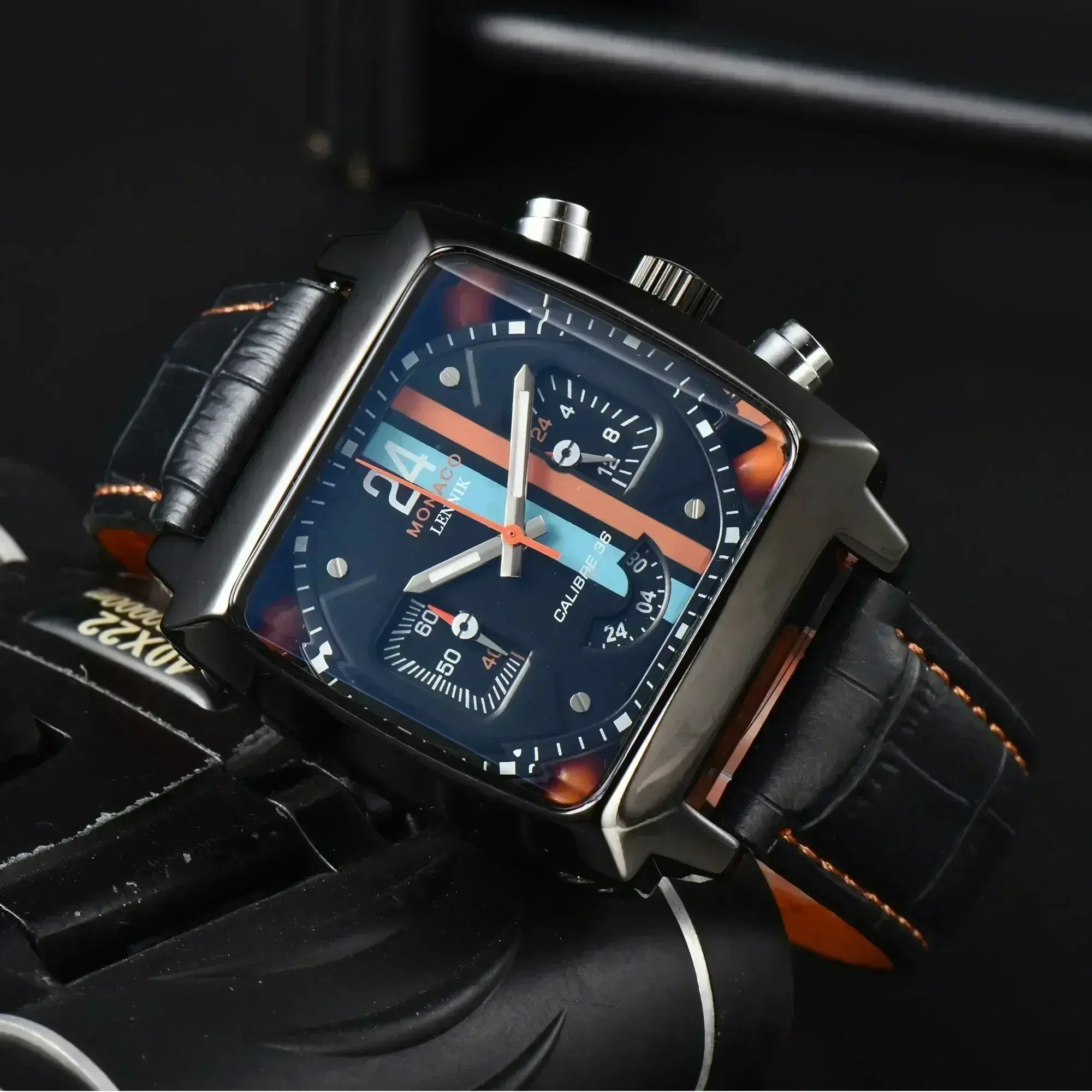 Luxury Monaco Design Square Case Leather Strap Hollow Back AAA Male Clocks Free Shipping Original Brand Fashion Watches For Men