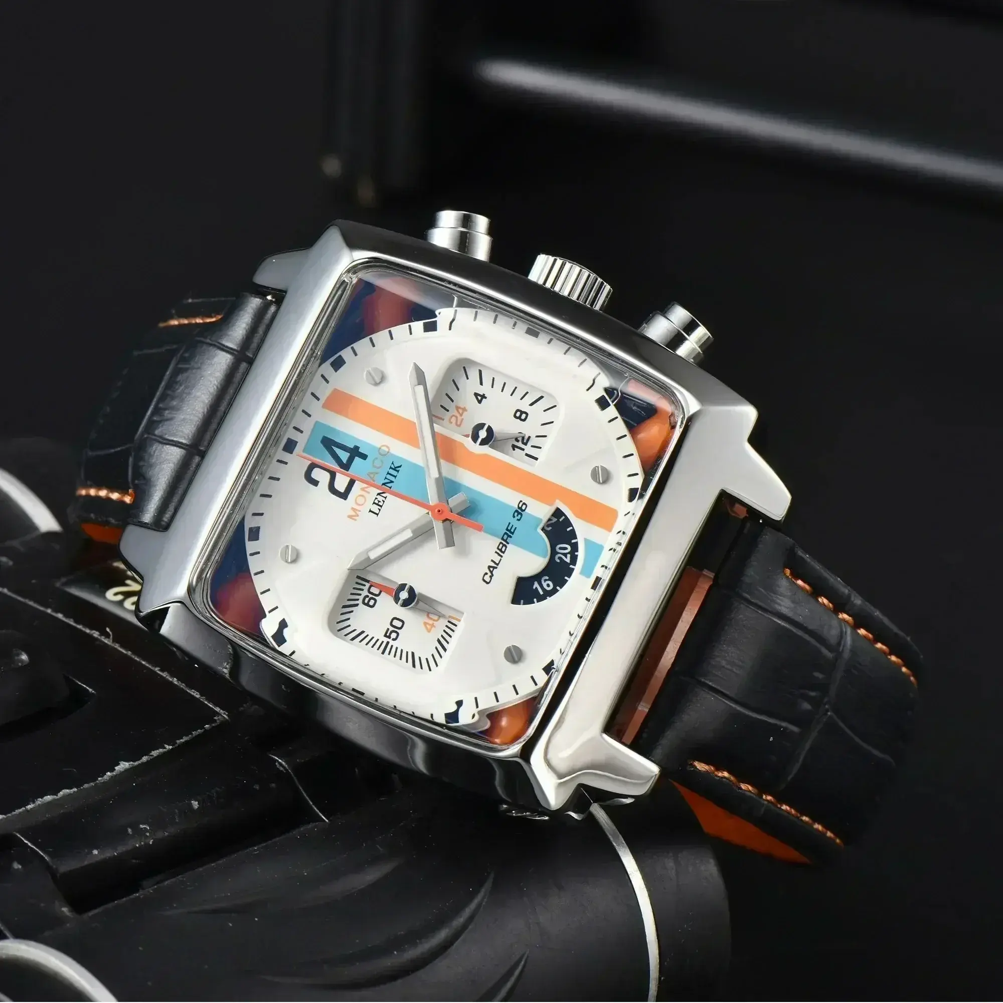 Luxury Monaco Design Square Case Leather Strap Hollow Back AAA Male Clocks Free Shipping Original Brand Fashion Watches For Men