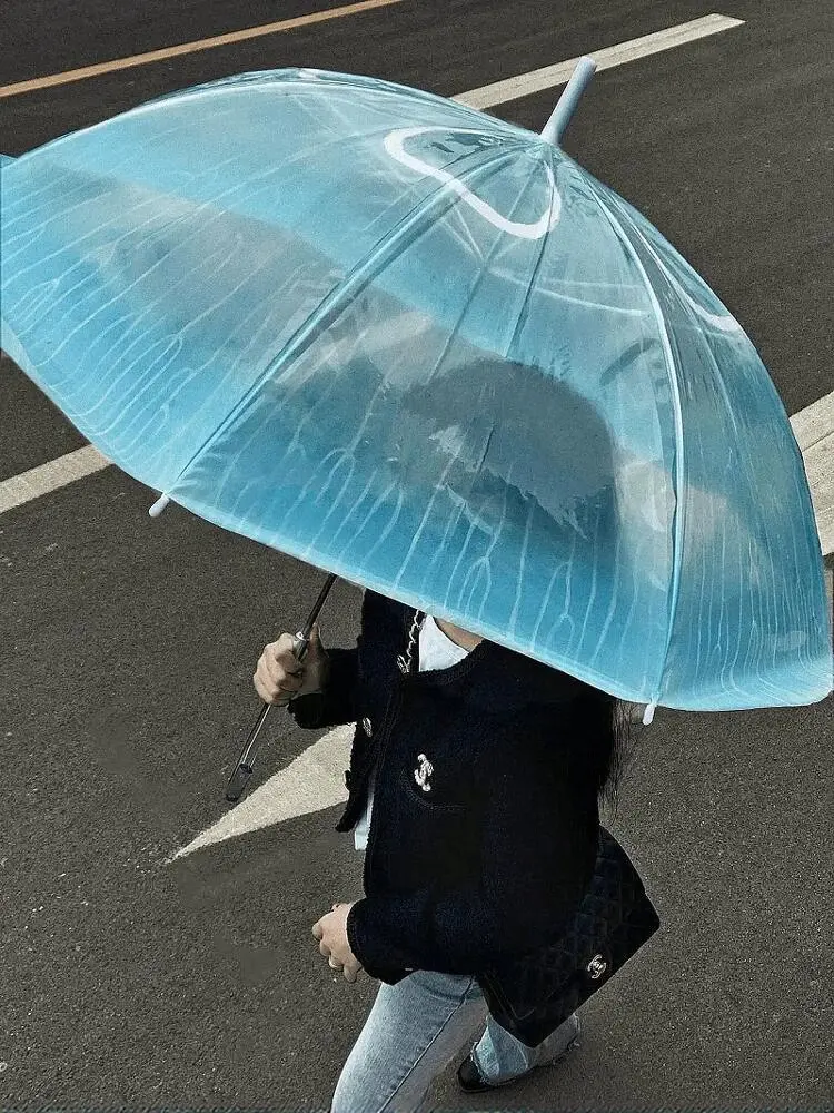 2024 New Transparent Thiened Women's Umbrella Long Handle Anti-Wind High Aesthetic Value Japanese Sle Fre Sea Moon Jell...