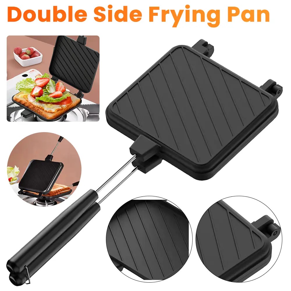 Double Sided Frying Pan Non-stick Grilled Sandwich Maker Heat-resistant Flip Grill Pan with Handle Outdoor Camping BBQ Tools