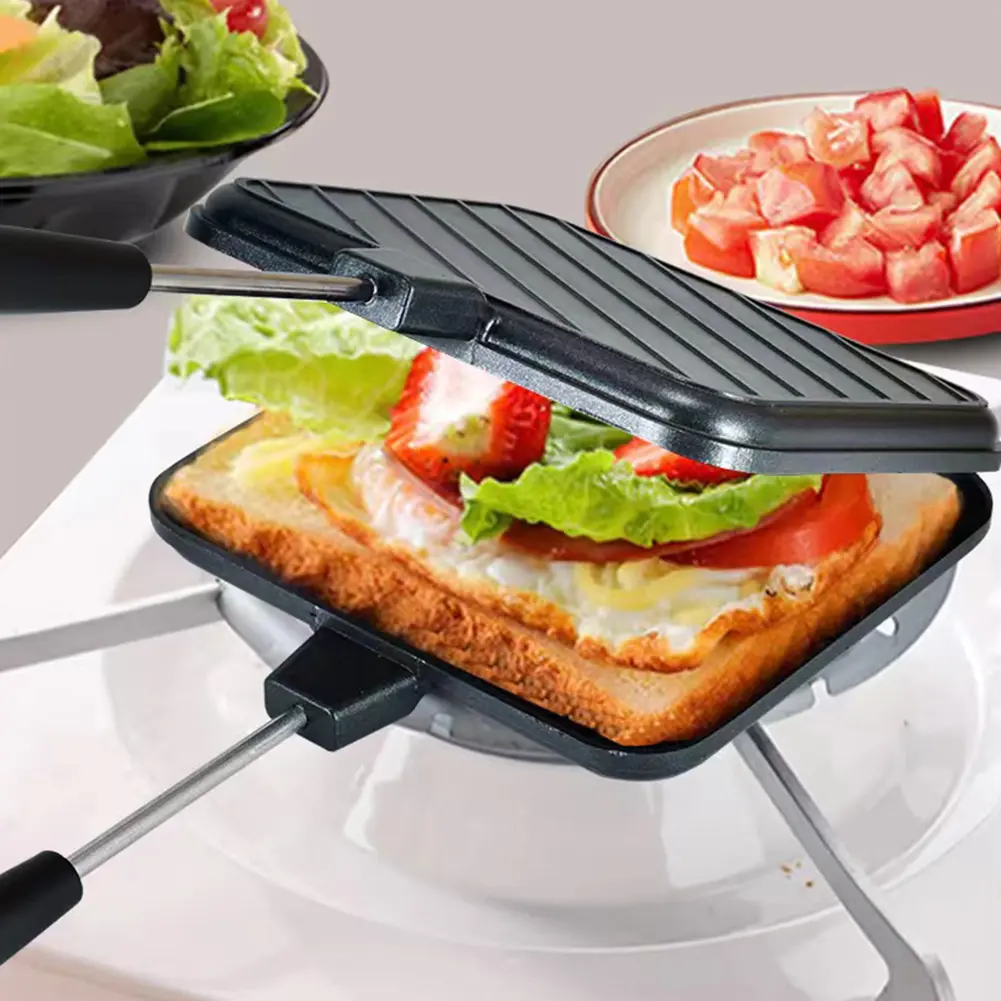 Double Sided Frying Pan Non-stick Grilled Sandwich Maker Heat-resistant Flip Grill Pan with Handle Outdoor Camping BBQ Tools