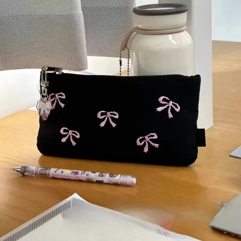 Ins Style Simple Black Bow Pencil Case Large Capacity Pencil Storage Bag Cosmetic Bag Stationery Organizer School Supplies