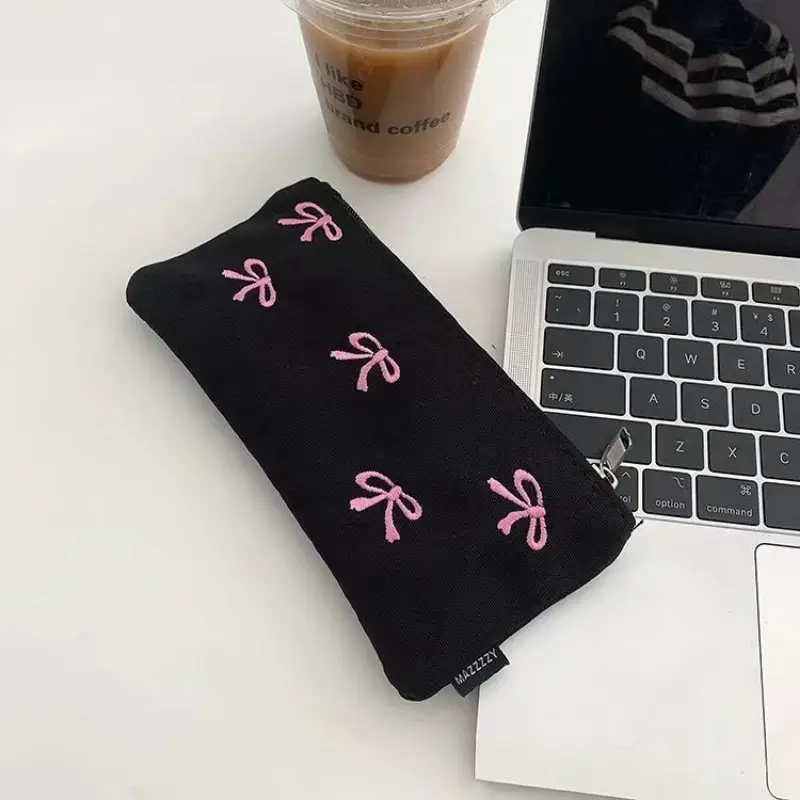 Ins Style Simple Black Bow Pencil Case Large Capacity Pencil Storage Bag Cosmetic Bag Stationery Organizer School Supplies