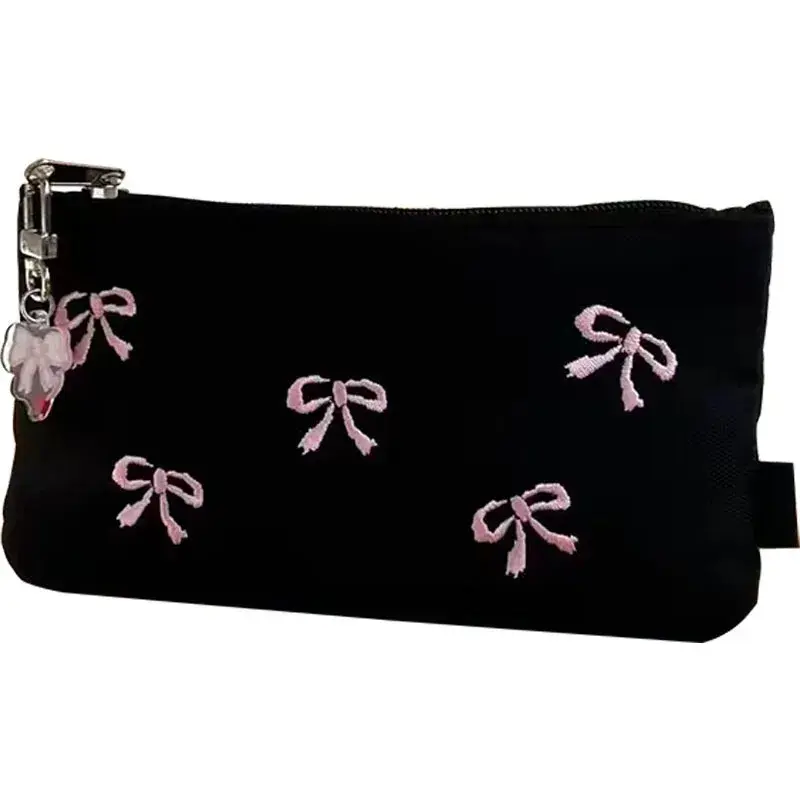 Ins Style Simple Black Bow Pencil Case Large Capacity Pencil Storage Bag Cosmetic Bag Stationery Organizer School Supplies