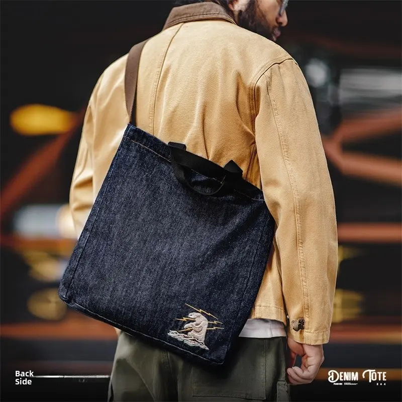 Madden Workwear American Retro Denim Single oulder Crossbody Bag Large Capaci Handheld Tablet Tote Bag for Men