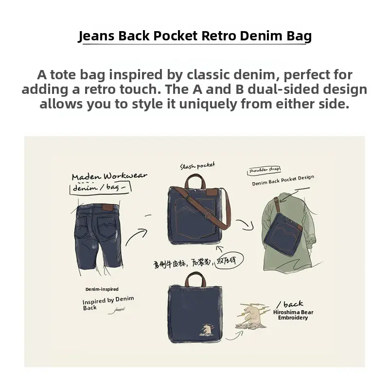 Madden Workwear American Retro Denim Single oulder Crossbody Bag Large Capaci Handheld Tablet Tote Bag for Men