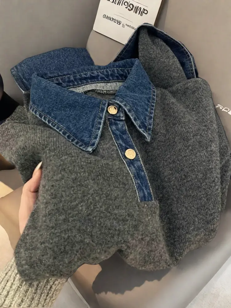Korean Sle Splice  Ne Knitted Sweater Women Early Spring Outerwear Fake Two-Piece Denim Detail Casual Commute Wear