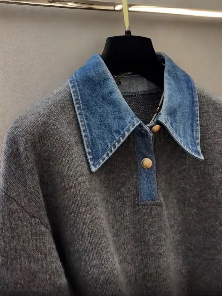 Korean Sle Splice  Ne Knitted Sweater Women Early Spring Outerwear Fake Two-Piece Denim Detail Casual Commute Wear
