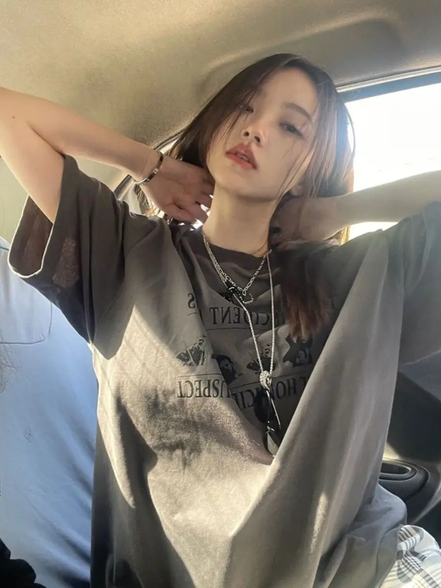 00% Pure Cotton Oversize Loose Fit Deep ey ort Sve T-irt Women's American Retro Lazy Sle Top Ins Korean Version r...