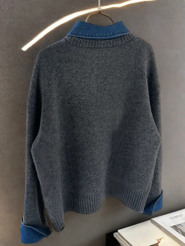 Korean Sle Splice  Ne Knitted Sweater Women Early Spring Outerwear Fake Two-Piece Denim Detail Casual Commute Wear