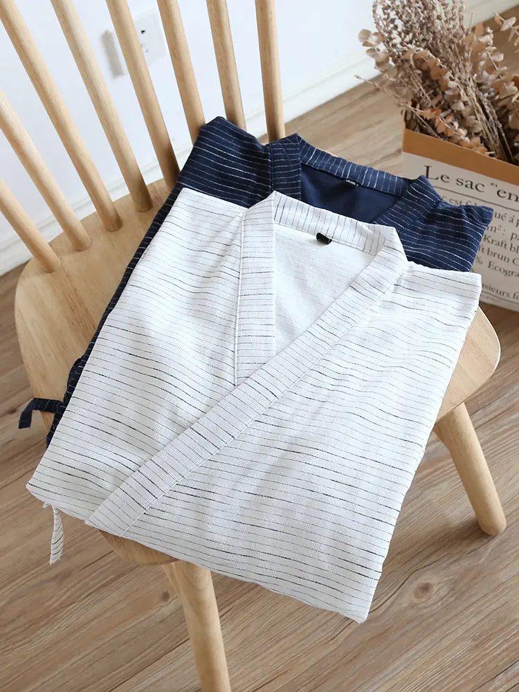Japanese Sle Pure Cotton Batobe Men's Embroidered Flannel Kimono Spwear Striped Mid-Length Robe Loose Fit Home Wear