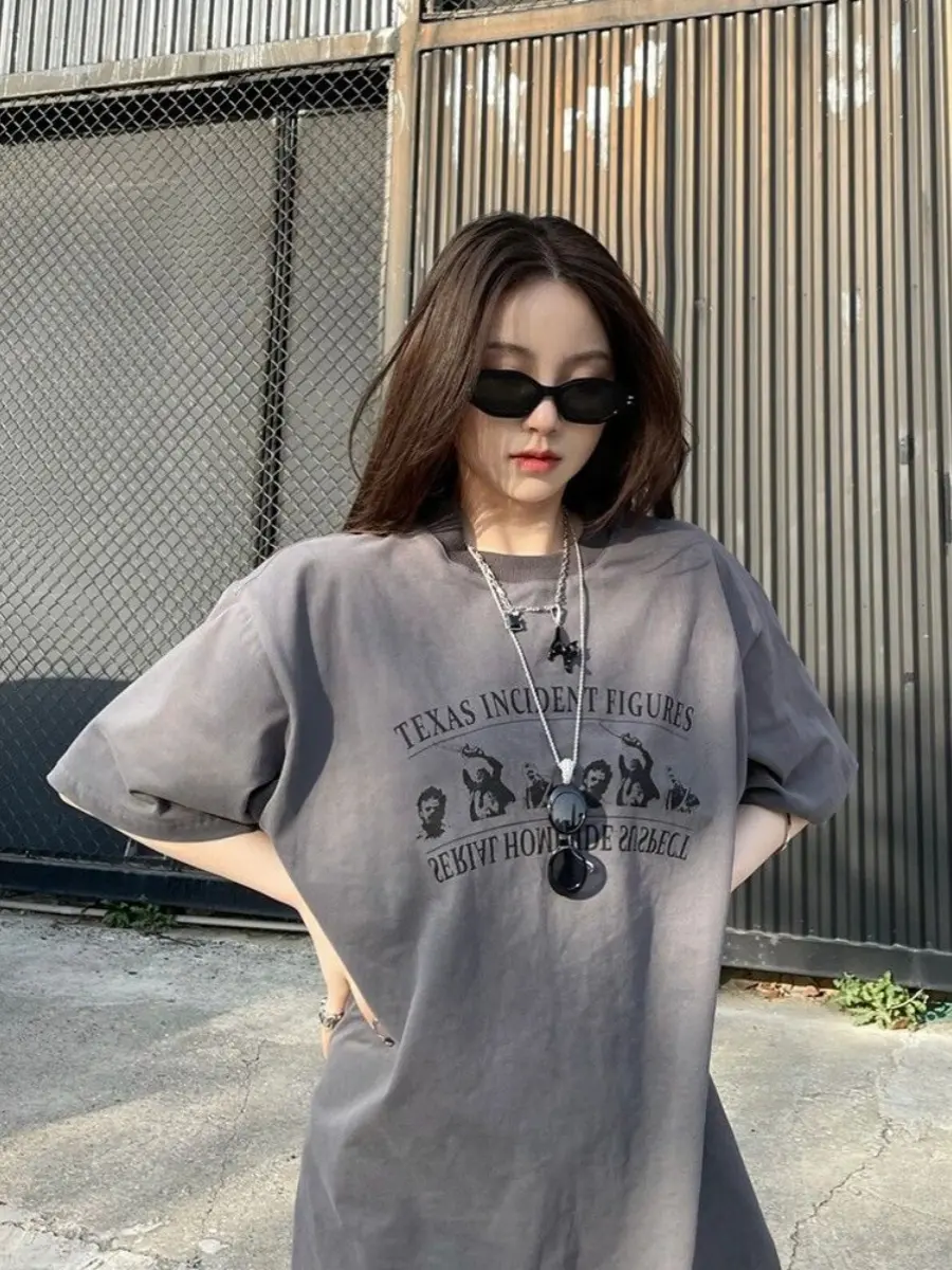 00% Pure Cotton Oversize Loose Fit Deep ey ort Sve T-irt Women's American Retro Lazy Sle Top Ins Korean Version r...