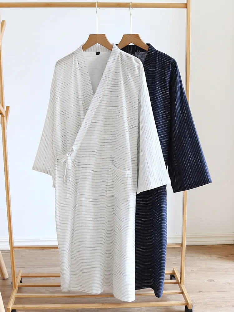 Japanese Sle Pure Cotton Batobe Men's Embroidered Flannel Kimono Spwear Striped Mid-Length Robe Loose Fit Home Wear