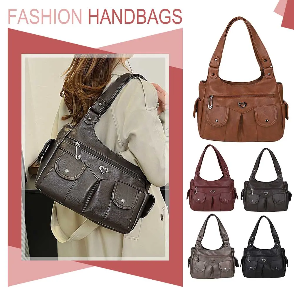 Purses and Handbags for Women Multi-Pocket Tote Bag PU Leather Large Capacity Tote Purse Solid Color Hobo Bag for Work Travel
