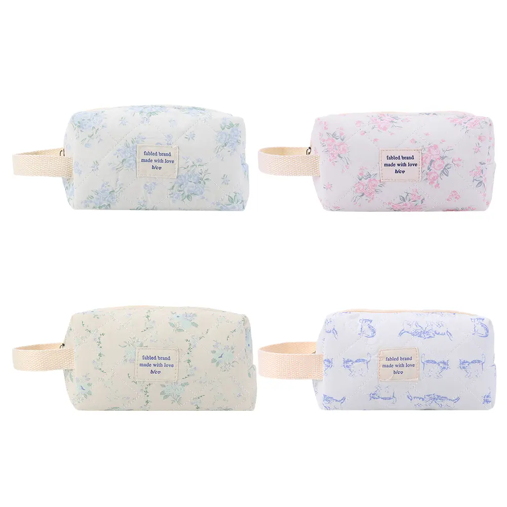 Women Portable Cosmetic Storage Bag Large Capacity Floral Quilted Checkered Makeup Bag Toiletry Zipper Storage Pouch Lightweight