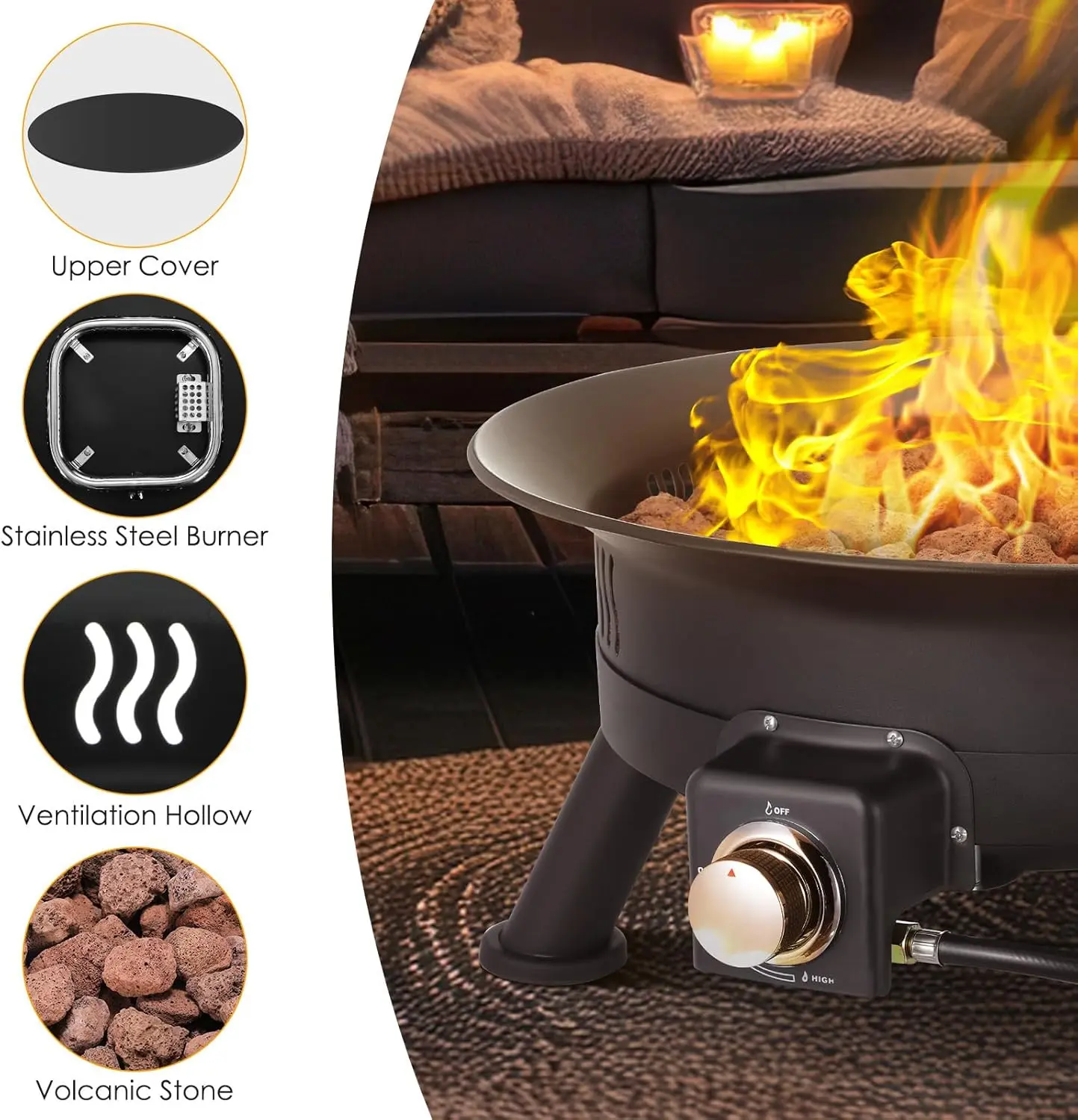 24'' Propane Fire Pit，58,000 BTU Portable Smokeless Firebowl with Self Igniter,Cover, Lava Rocks,Gas Cylinder Holder for Camping