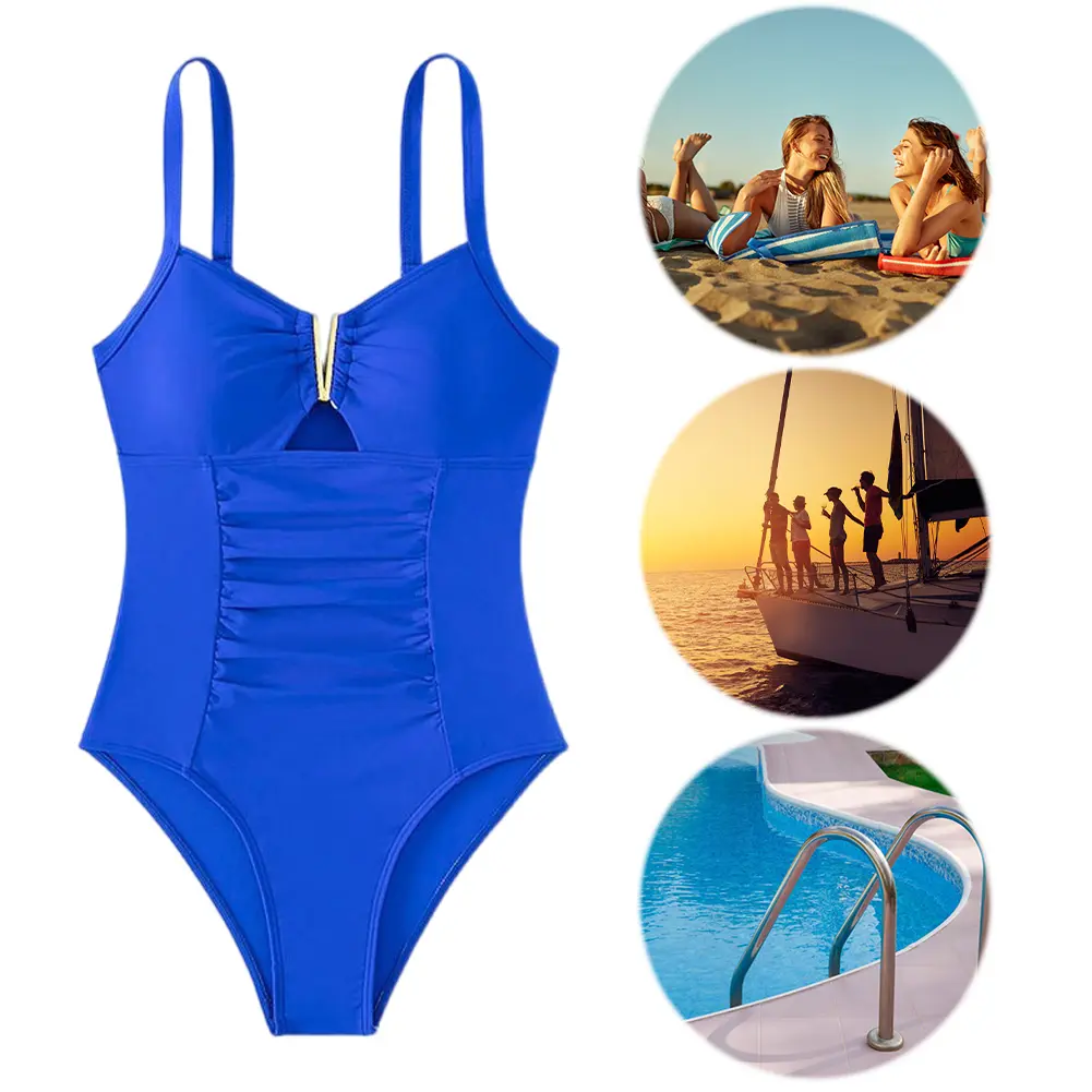 Women One Piece Swimsuit V-Neck Summer Beach Bikini Set Solid Color Curvy Modest Bathing Suit for Summer Vacation Travel