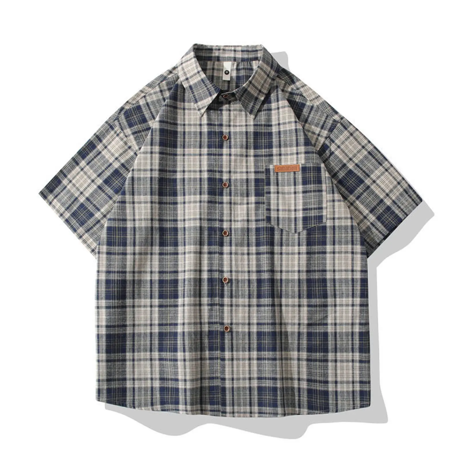Men's Vintage Plaid Casual Shirts Loose Casual Short Sleeved Lapel Neck Button Down Front Chest Pockets Fashionable Trendy Shirt