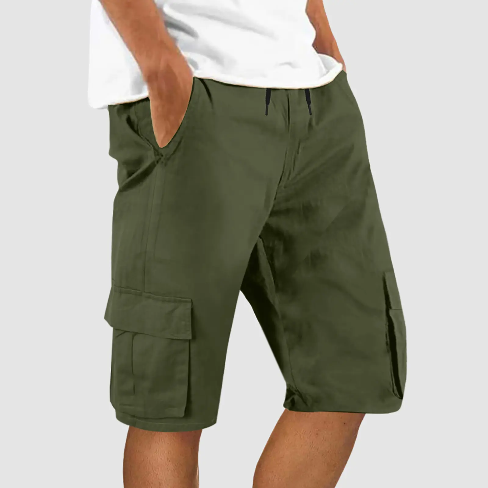 Men's Straight Leg Loose Cargo Shorts Elastic Waist Tie Solid Stretchy Multi Pockets Outdoor Sports Knee Length Jogging Shorts