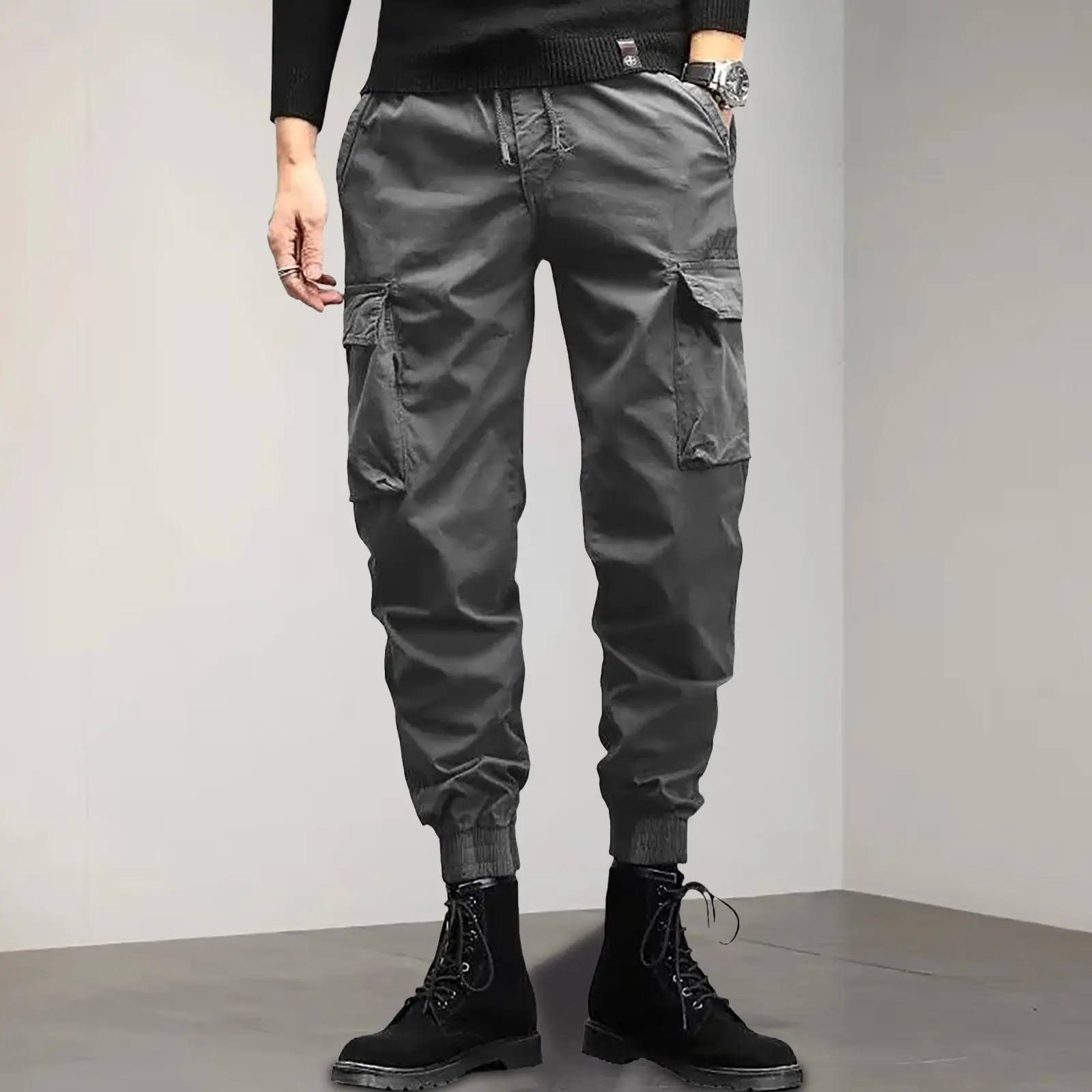 Men's Elastic Waist Cargo Pants Baggy Loose Outdoor Sports Trousers Male Slim Versatile Multi Pocket Tapered Small Feet Pants