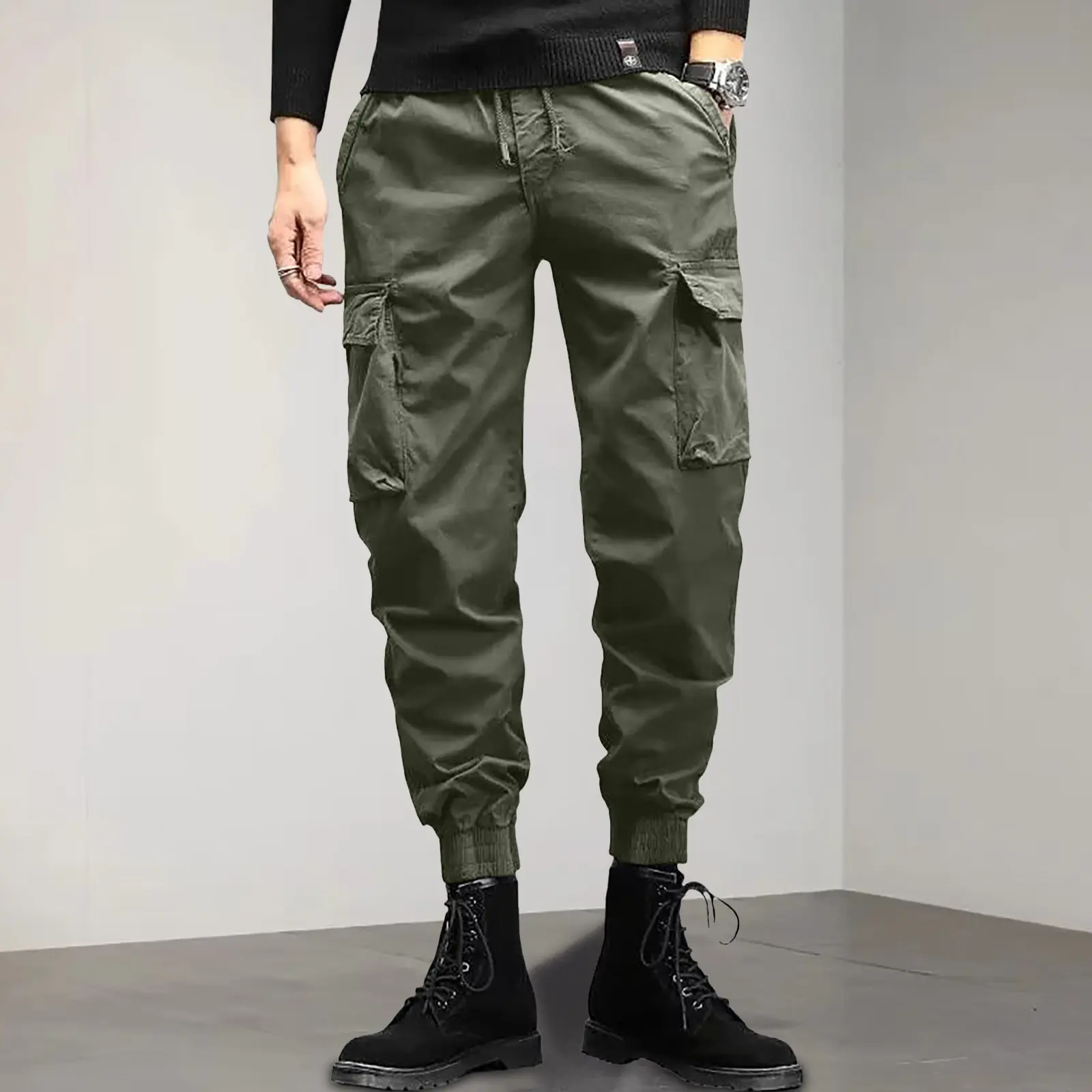 Men's Elastic Waist Cargo Pants Baggy Loose Outdoor Sports Trousers Male Slim Versatile Multi Pocket Tapered Small Feet Pants