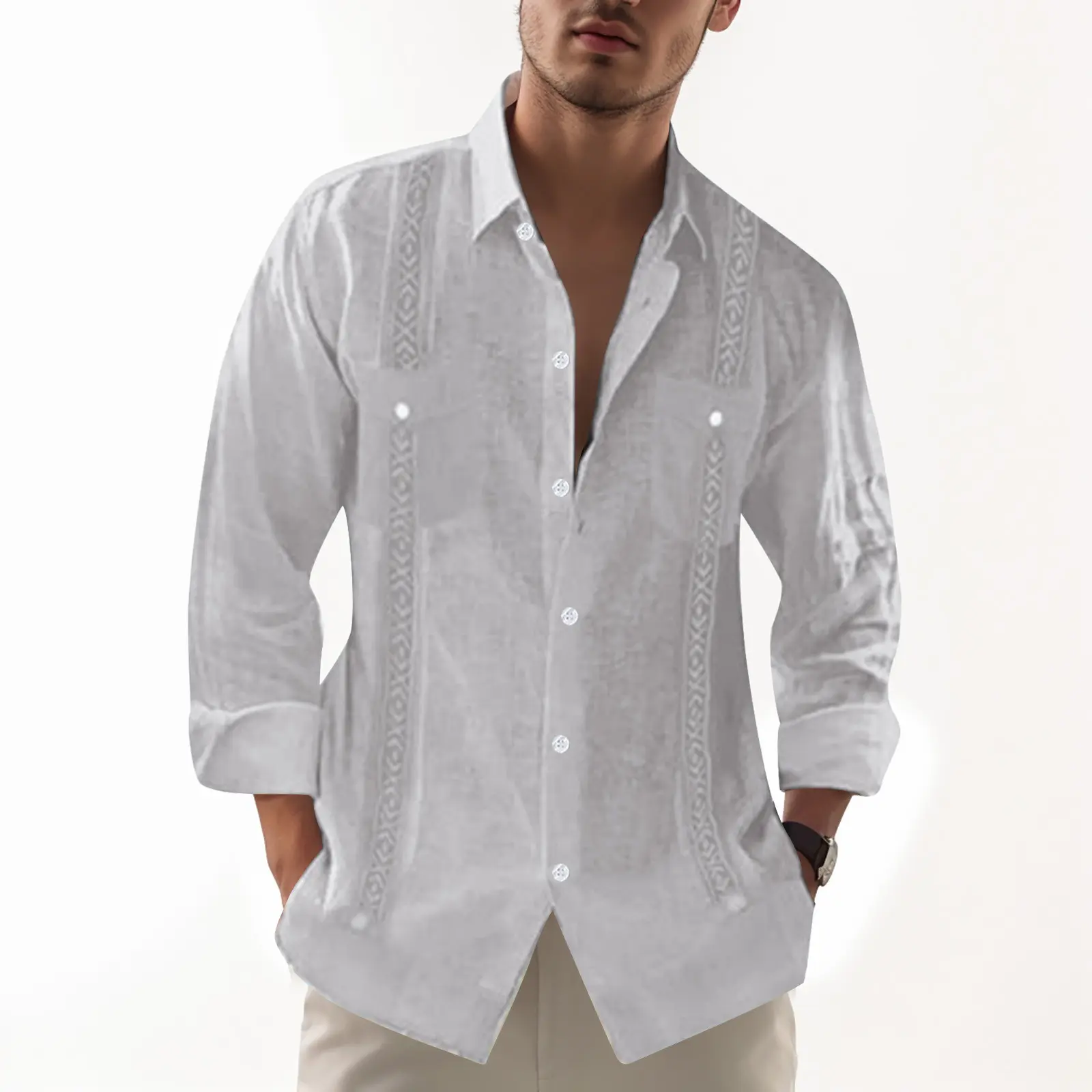 Men's Minimalist Solid Shirt With Button Stretch Lightweight Outdoor Sports Blouse Autumn Long Sleeve Lapel Neck Fashion Shirts