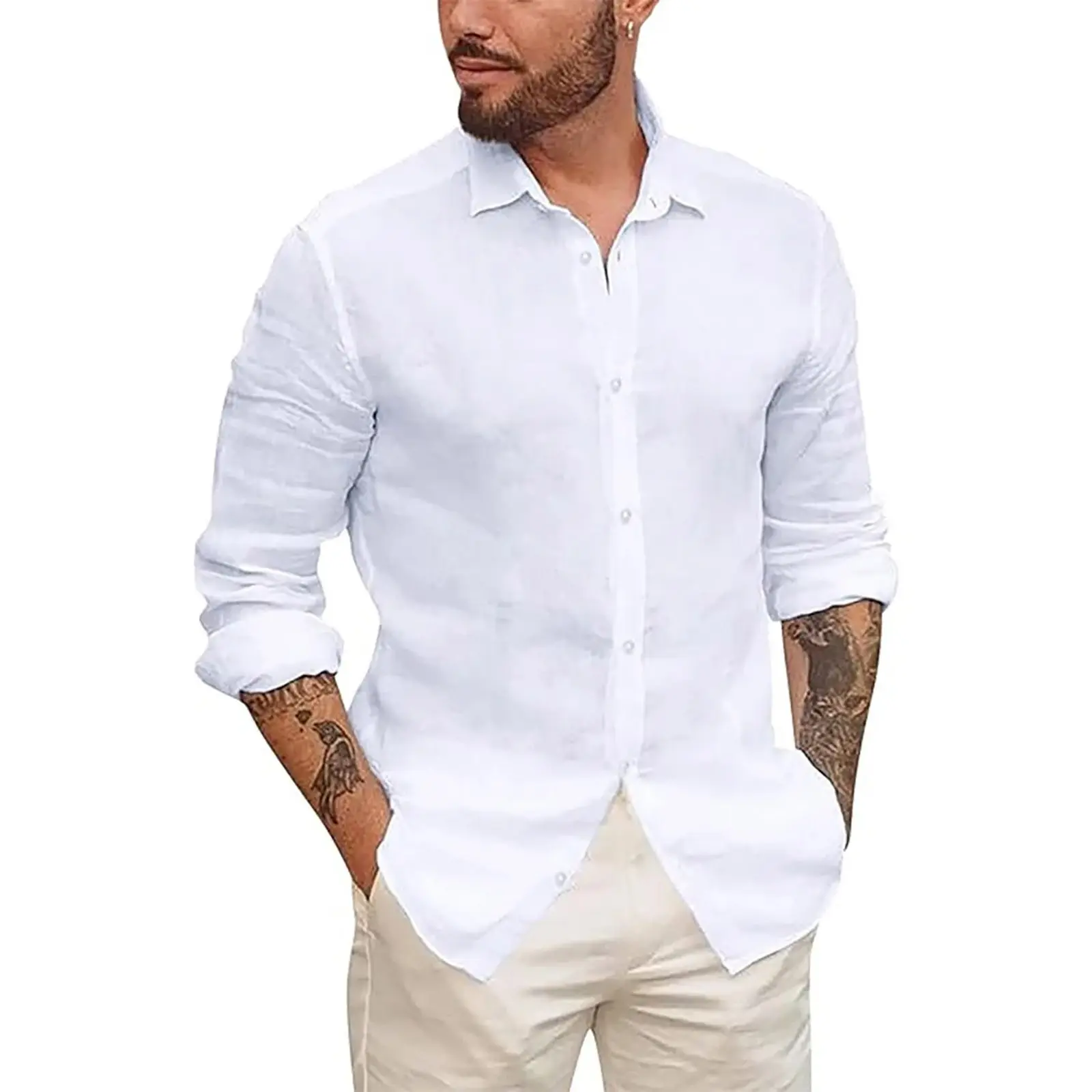 Men's Fashion Linen Shirt Leisure Temperament Solid Color Long Sleeve Lapel Neck Blouse With Button Autumn Plain Casual Shirts