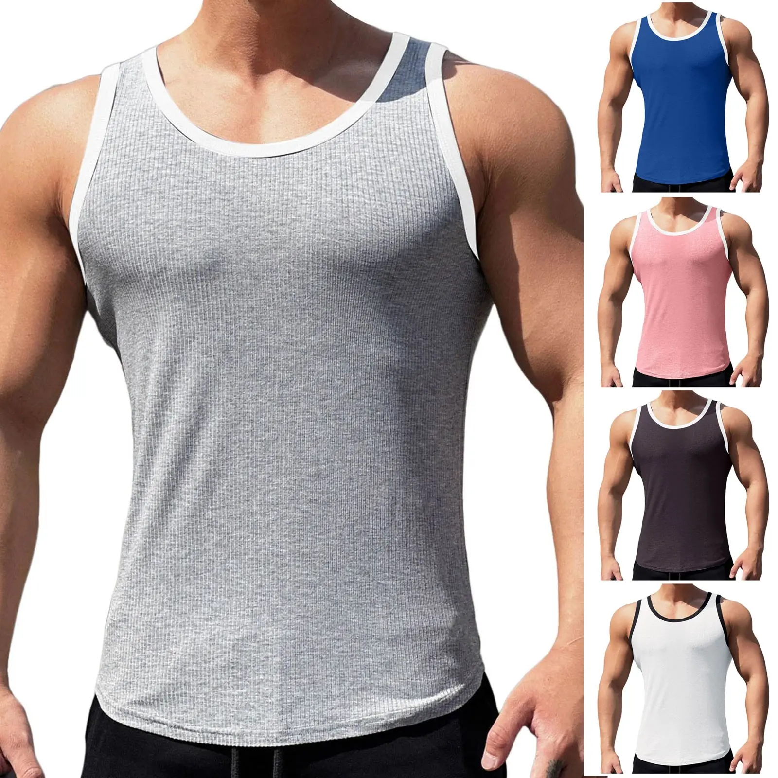 Men's Outdoor Sports Vest Color Block Crew Neck Sleeveless Running Casual Camisole Slim Fit Sweat Absorbing Breathable Tops