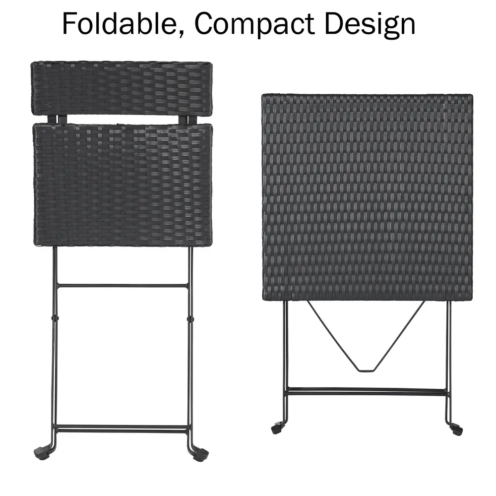 Folding Outdoor Bistro Set 3-Piece Rattan Steel Table and Chairs Lightweight Compact Patio Furniture Small Spaces