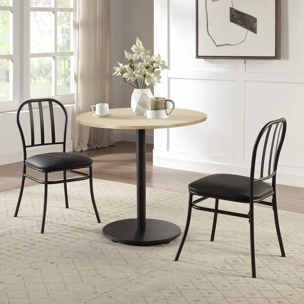 3 Piece Indoor Bistro Dining Set with Wood Table Top and Cushioned Chairs Durable Steel Frame Easy Assembly