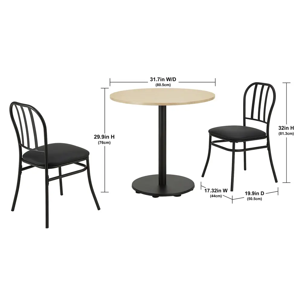 3 Piece Indoor Bistro Dining Set with Wood Table Top and Cushioned Chairs Durable Steel Frame Easy Assembly