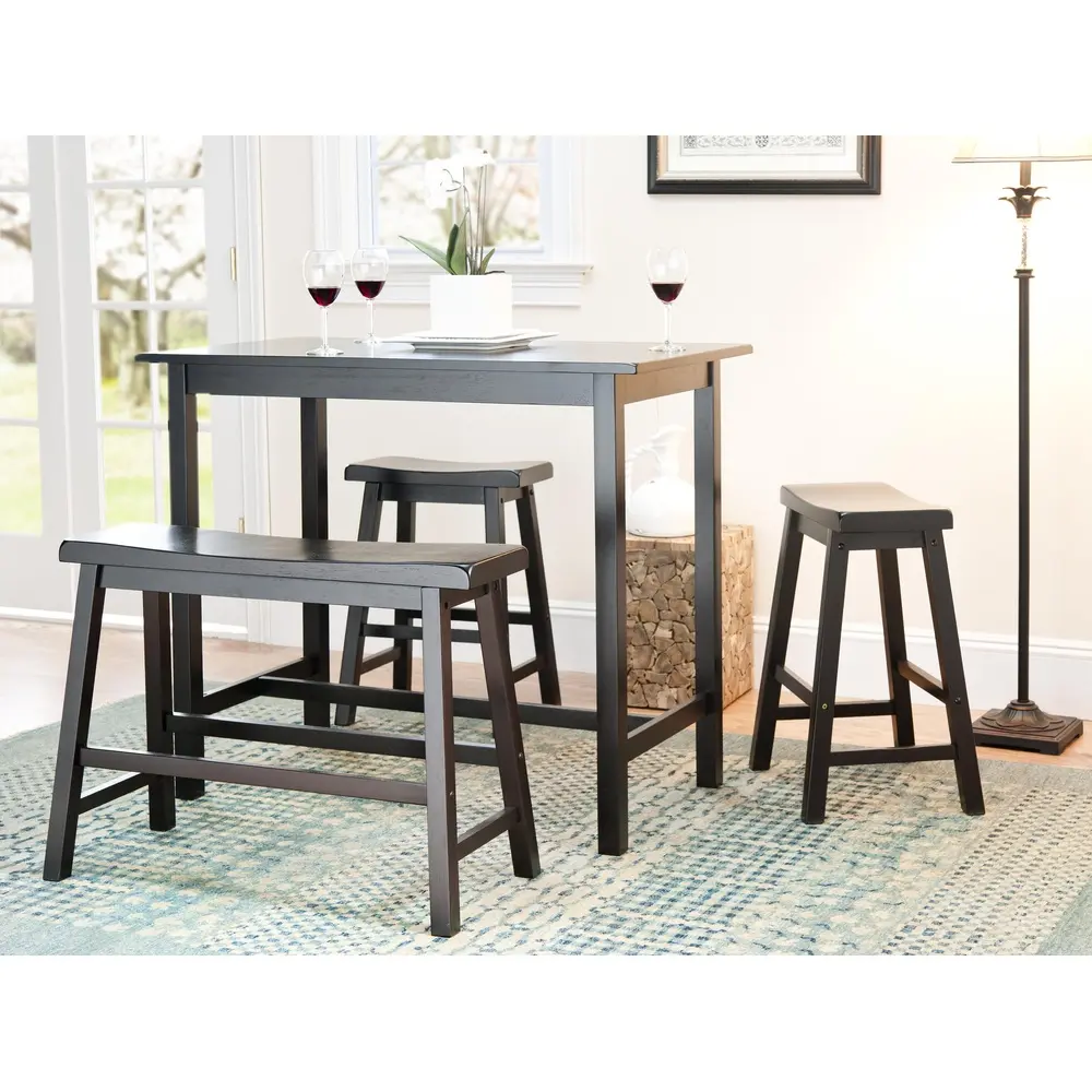 Contemporary 4 Piece Pub Table Set with Stools and Bench Durable Malaysian Oak Indoor Dining Furniture Black Finish