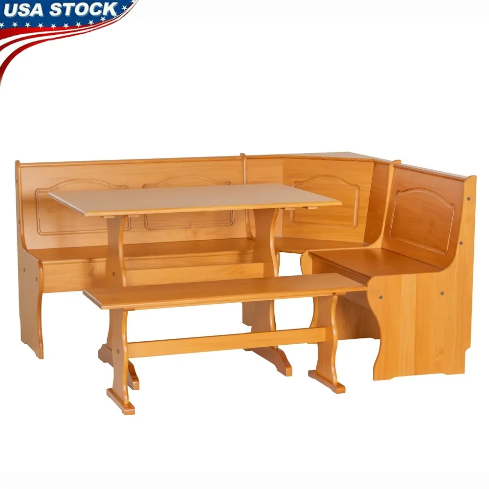 3-Piece Farmhouse Indoor Corner Dining Nook with Storage Solid Pine Table and Benches Cozy Kitchen Spaces