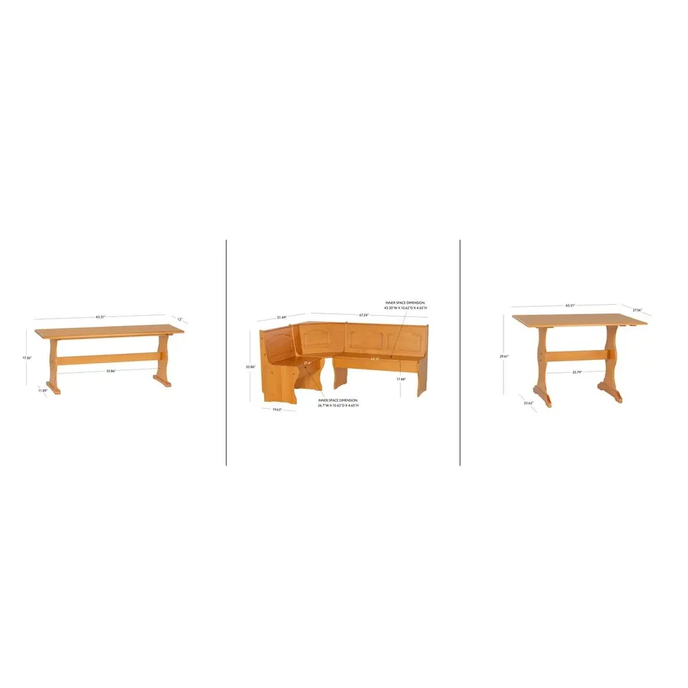 3-Piece Farmhouse Indoor Corner Dining Nook with Storage Solid Pine Table and Benches Cozy Kitchen Spaces