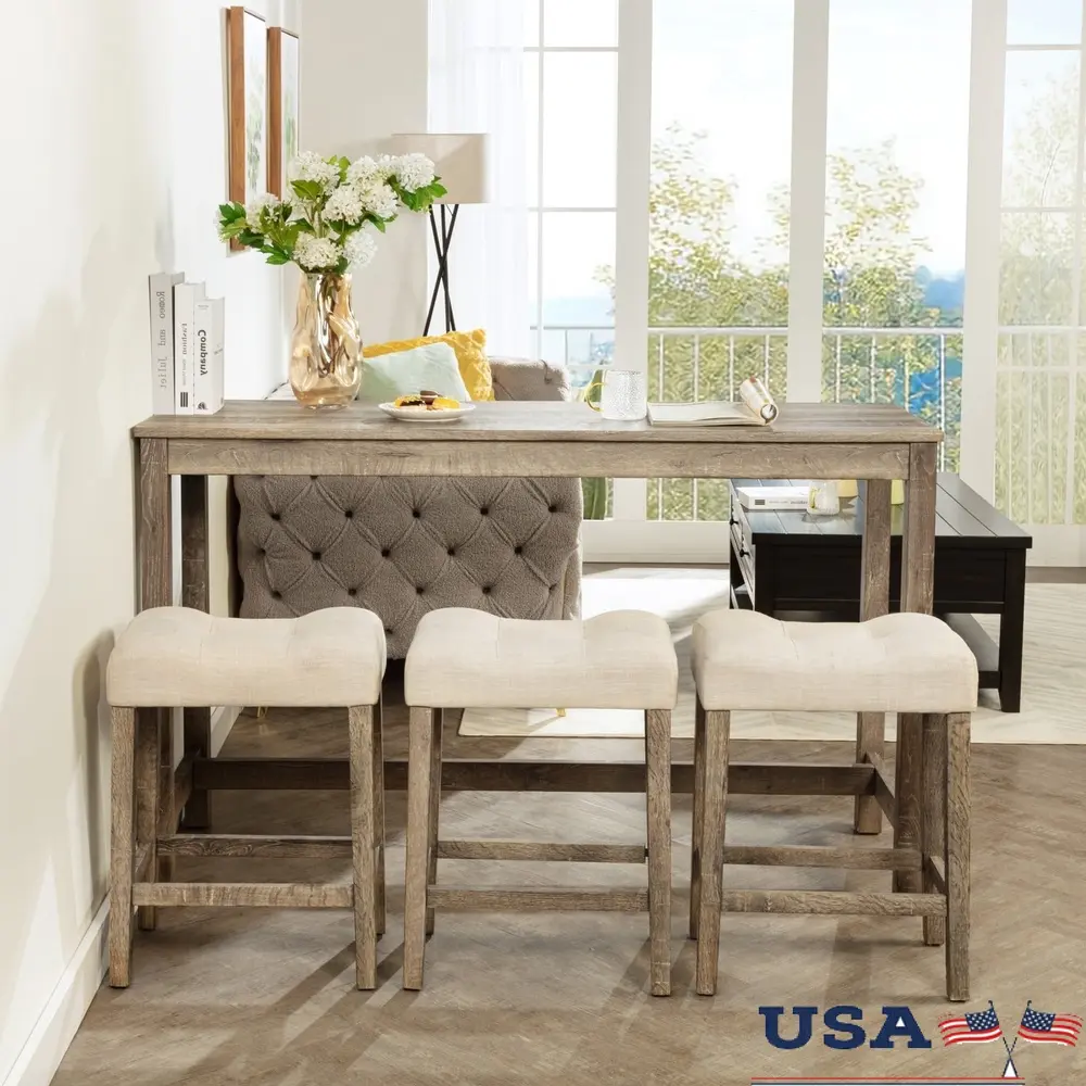 4 Piece Bar Table Set with USB Power Outlet and 3 Padded Stools Dining Room Kitchen Compact Space Saving Design