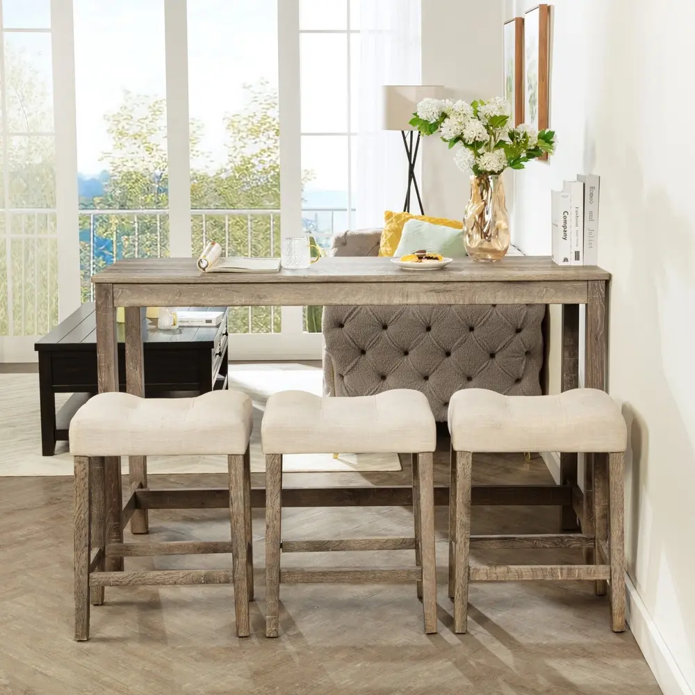 4 Piece Bar Table Set with USB Power Outlet and 3 Padded Stools Dining Room Kitchen Compact Space Saving Design