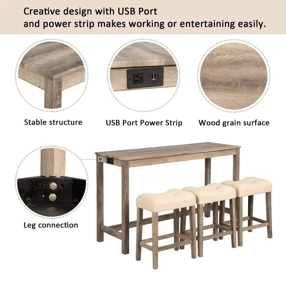 4 Piece Bar Table Set with USB Power Outlet and 3 Padded Stools Dining Room Kitchen Compact Space Saving Design