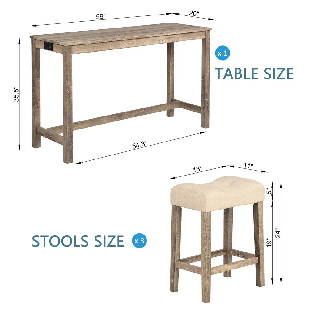 4 Piece Bar Table Set with USB Power Outlet and 3 Padded Stools Dining Room Kitchen Compact Space Saving Design