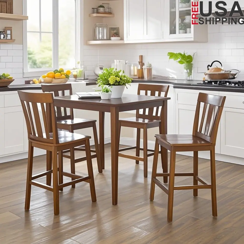 5 Piece Solid Wood Cherry Counter Height Dining Set 4 Easy Assembly Indoor Use Sturdy Square Table and Chairs