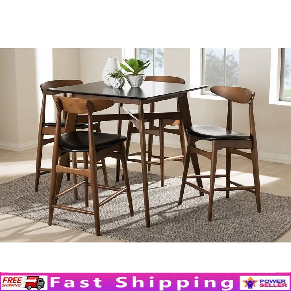 Mid-Century Modern 5-Piece Pub Set Black Faux-Leather Upholstered Rubberwood Dining Table and Stools Indoor Assembly Required