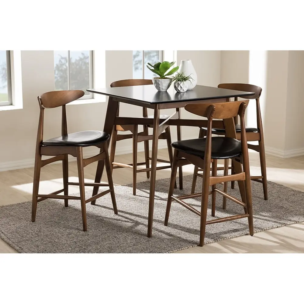 Mid-Century Modern 5-Piece Pub Set Black Faux-Leather Upholstered Rubberwood Dining Table and Stools Indoor Assembly Required
