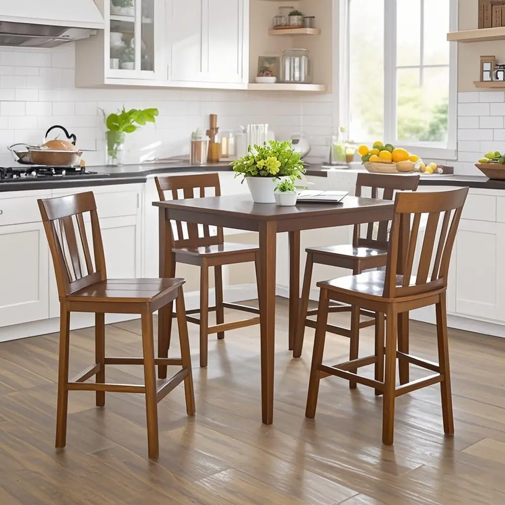 5 Piece Solid Wood Cherry Counter Height Dining Set 4 Easy Assembly Indoor Use Sturdy Square Table and Chairs