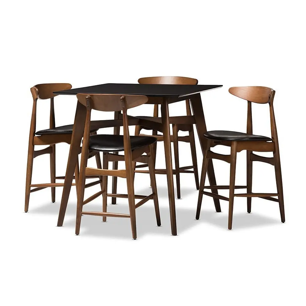 Mid-Century Modern 5-Piece Pub Set Black Faux-Leather Upholstered Rubberwood Dining Table and Stools Indoor Assembly Required