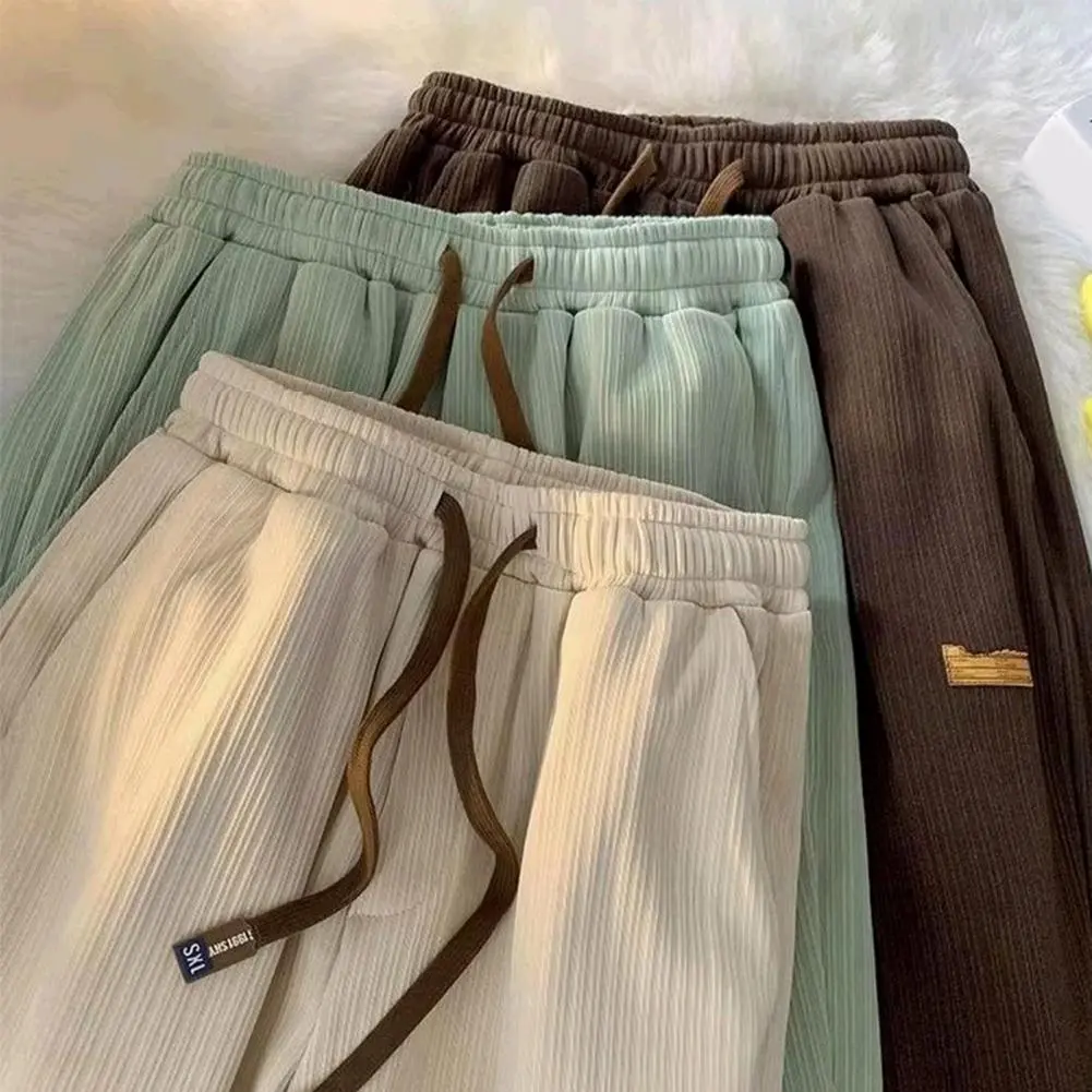 Men Ice Silk Pants Drawstring Pockets Ribbed Summer Ultra-thin Casual Trousers Elastic Waistband Casual Sport Long Trousers